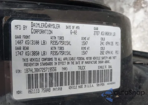 2002 Dodge Dakota Sport из США, поврежденный, VIN 1B7HL38X72S719556